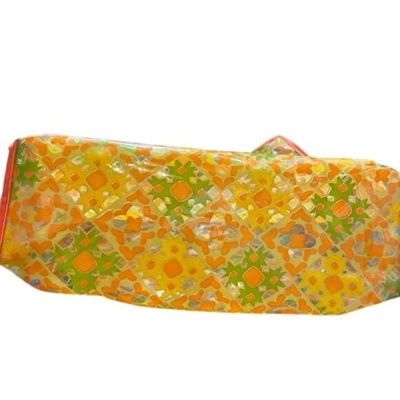 Colorful Mosaic Pattern Tote Bag With Red Handles Transparent Vinyl Exterior And - Picture 7 of 8